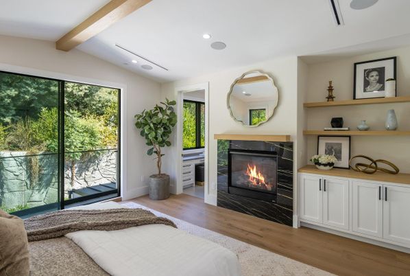 Bedroom, Fireplace, Interior, Recessed Lighting, Wooden Beams, Wood Texture Flooring