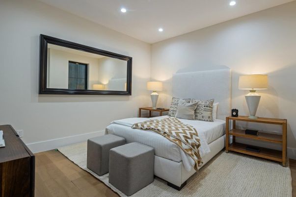 Bedroom, Interior, Recessed Lighting, Wood Texture Flooring