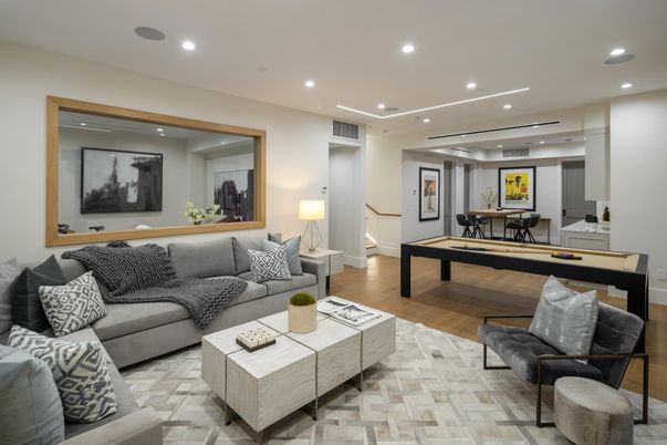 Billiard Table, Game Room, Interior, Living room, Recessed Lighting, Wood Texture Flooring