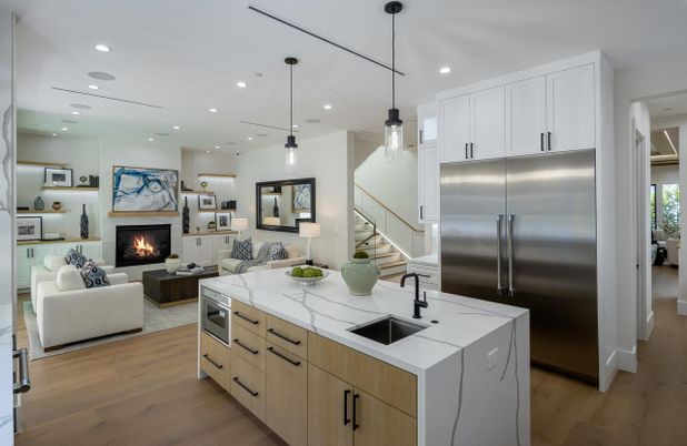 Fireplace, Interior, Kitchen, Living room, Pendant Lights, Recessed Lighting, Stainless Steel Appliances, Wood Texture Flooring