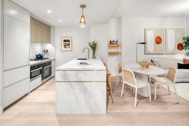 Dining room, Interior, Kitchen, Pendant Lights, Recessed Lighting, Wood Texture Flooring