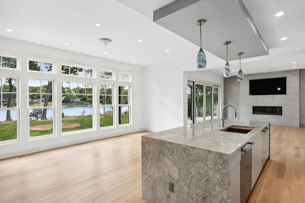 Fireplace, Interior, Kitchen, Pendant Lights, Recessed Lighting, Water, Wood Texture Flooring