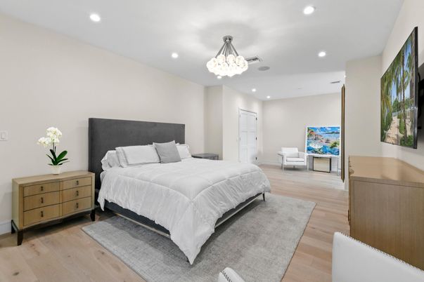 Bedroom, Chandelier, Interior, Recessed Lighting, Wood Texture Flooring