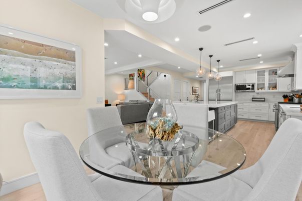 Dining room, Interior, Kitchen, Pendant Lights, Recessed Lighting, Stainless Steel Appliances, Wood Texture Flooring
