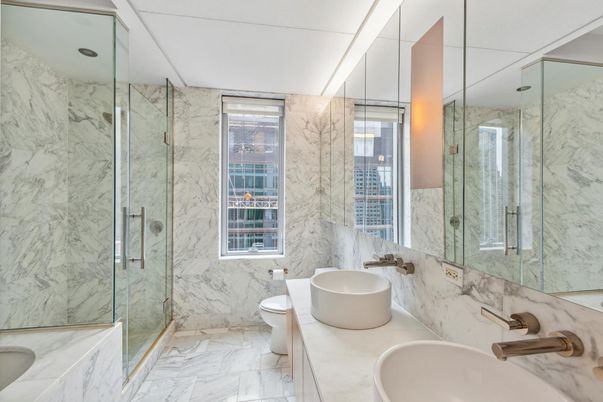 Bathroom, Dual Sink Vanities, Glass Shower, Interior, Marble, Marble Walls