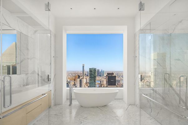 Bathroom, Free Standing Baths, Glass Shower, Interior, Marble, Marble Walls, Recessed Lighting