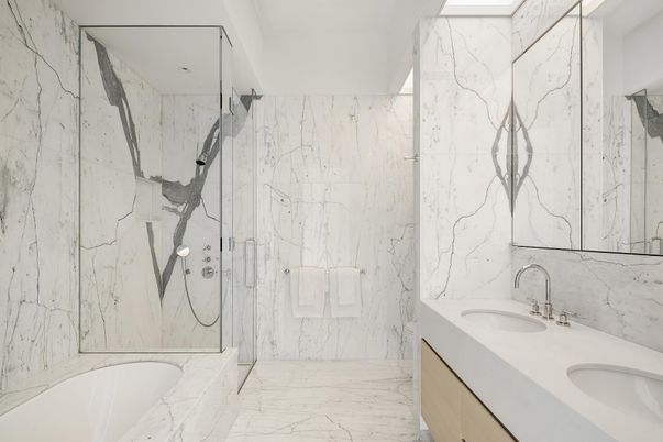 Bathroom, Dual Sink Vanities, Glass Shower, Interior, Marble, Marble Walls