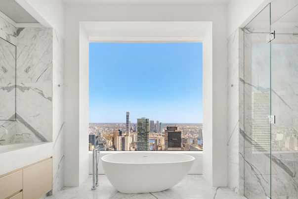 Bathroom, Free Standing Baths, Glass Shower, Interior, Marble, Marble Walls