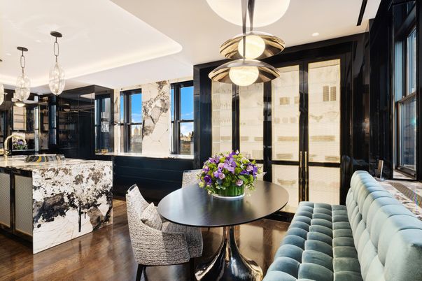 Dining room, Interior, Pendant Lights, Recessed Lighting, Wood Texture Flooring