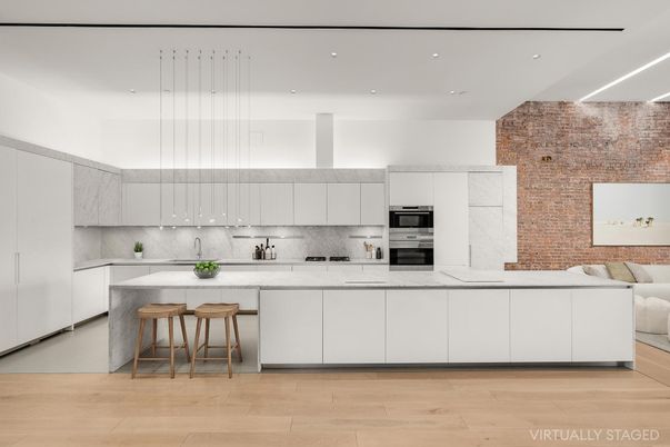 Interior, Kitchen, Pendant Lights, Recessed Lighting, Stainless Steel Appliances, Stone Walls, Wood Texture Flooring