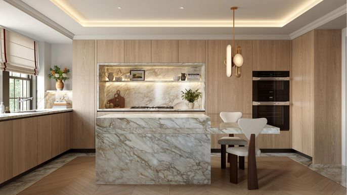 Interior, Kitchen, Marble Walls, Pendant Lights, Recessed Lighting, Wood Texture Flooring