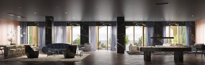 Interior, Living room, Marble Walls, Recessed Lighting, Wood Texture Flooring