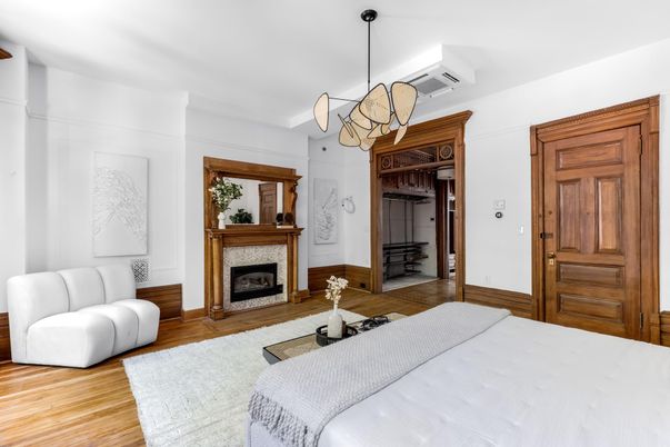 Bedroom, Fireplace, Interior, Pendant Lights, Wood Texture Flooring