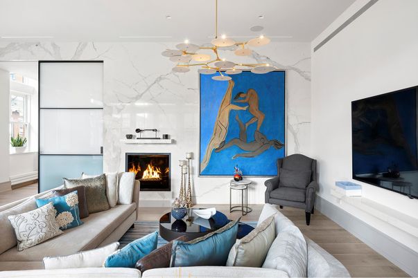 Fireplace, Interior, Living room, Marble Walls, Pendant Lights, Recessed Lighting, Wood Texture Flooring