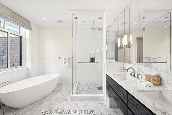 Bathroom, Dual Sink Vanities, Free Standing Baths, Glass Shower, Interior, Marble, Recessed Lighting