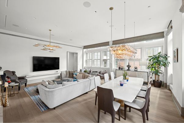 Chandelier, Dining room, Interior, Living room, Pendant Lights, Recessed Lighting, Wood Texture Flooring