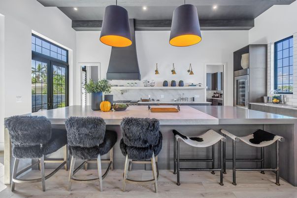 Interior, Kitchen, Pendant Lights, Recessed Lighting, Stainless Steel Appliances, Wooden Beams, Wood Texture Flooring