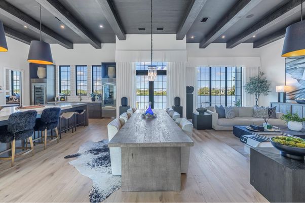 Dining room, Interior, Kitchen, Living room, Pendant Lights, Recessed Lighting, Wooden Beams, Wood Texture Flooring