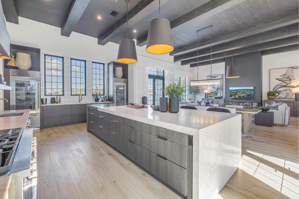 Dining room, Interior, Kitchen, Living room, Pendant Lights, Recessed Lighting, Stainless Steel Appliances, Wooden Beams, Wood Texture Flooring