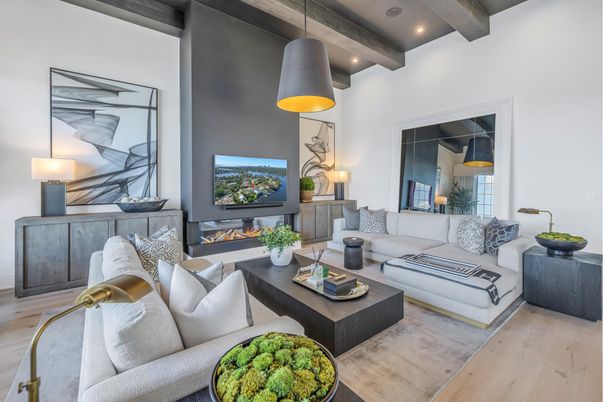 Fireplace, Interior, Living room, Pendant Lights, Recessed Lighting, Wooden Beams, Wood Texture Flooring
