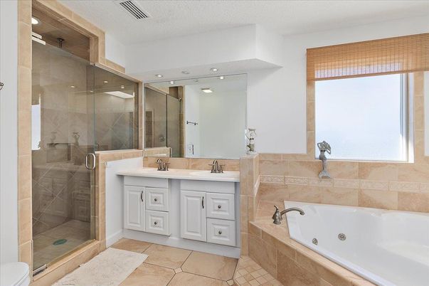 Bathroom, Dual Sink Vanities, Glass Shower, Interior, Recessed Lighting