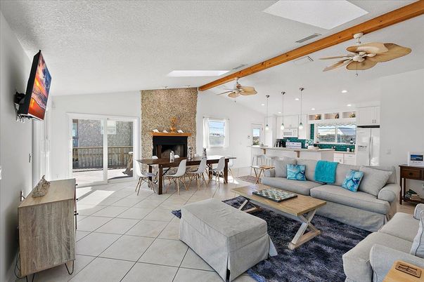 Dining room, Fireplace, Interior, Kitchen, Living room, Pendant Lights, Recessed Lighting, Stone Walls