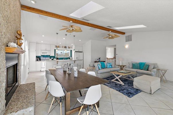 Dining room, Fireplace, Interior, Kitchen, Living room, Pendant Lights, Recessed Lighting, Wooden Beams