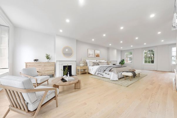 Bedroom, Fireplace, Interior, Recessed Lighting, Wood Texture Flooring
