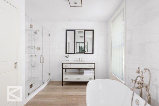 Bathroom, Free Standing Baths, Glass Shower, Interior, Marble Walls, Wood Texture Flooring