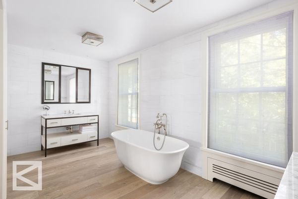 Bathroom, Free Standing Baths, Interior, Marble Walls, Wood Texture Flooring