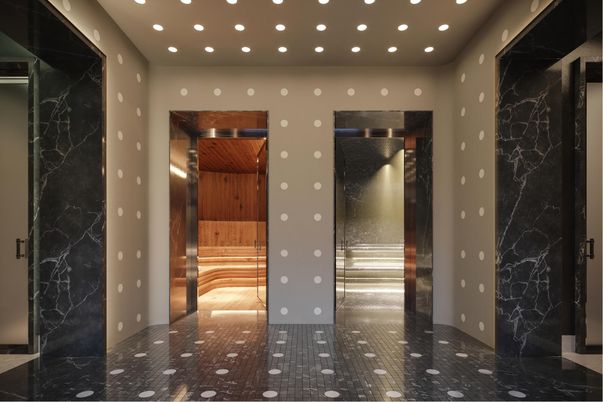 Interior, Marble, Marble Walls, Recessed Lighting, Sauna Room
