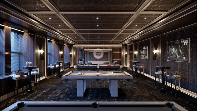 Billiard Table, Game Room, Interior, Pendant Lights, Recessed Lighting