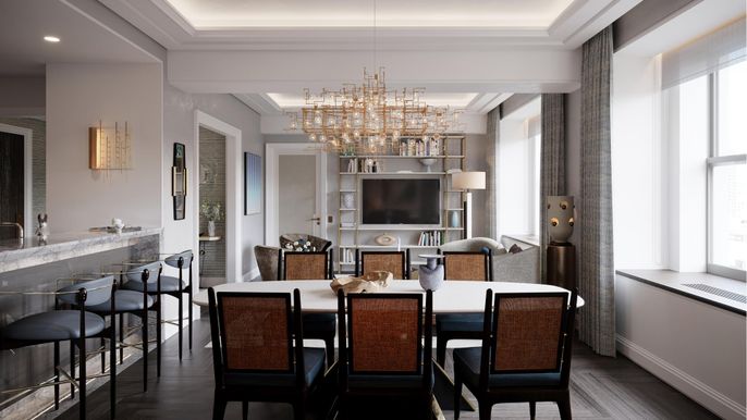 Chandelier, Dining room, Interior, Recessed Lighting, Wood Texture Flooring
