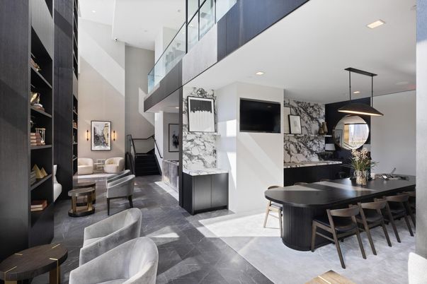 Dining room, Interior, Living room, Marble Walls, Pendant Lights, Recessed Lighting