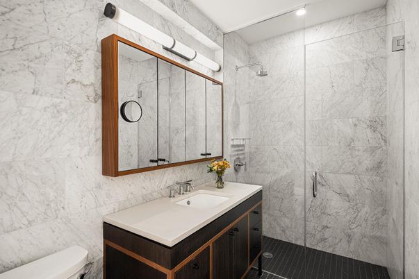 Bathroom, Glass Shower, Interior, Marble Walls, Recessed Lighting