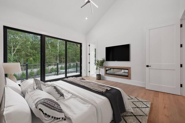 Bedroom, Fireplace, Interior, Recessed Lighting, Wood Texture Flooring