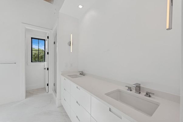 Bathroom, Dual Sink Vanities, Interior, Marble, Recessed Lighting