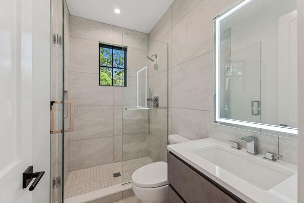 Bathroom, Glass Shower, Interior, Recessed Lighting