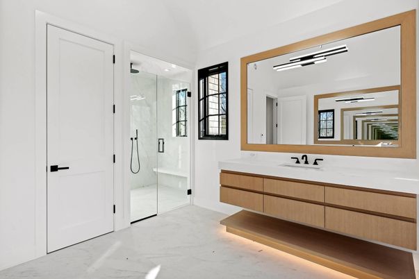 Bathroom, Dual Sink Vanities, Glass Shower, Interior, Marble, Marble Walls