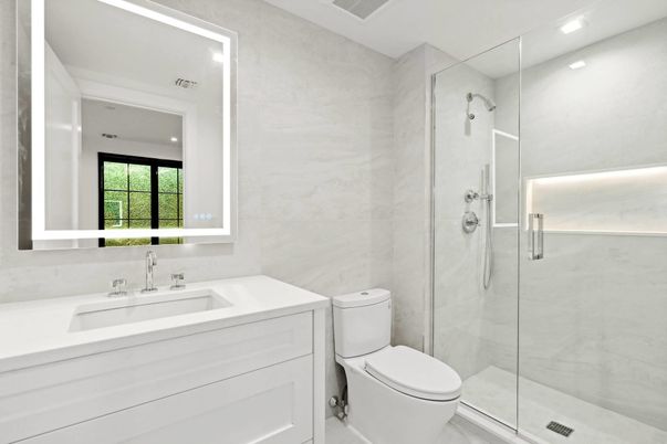 Bathroom, Glass Shower, Interior, Marble Walls, Recessed Lighting