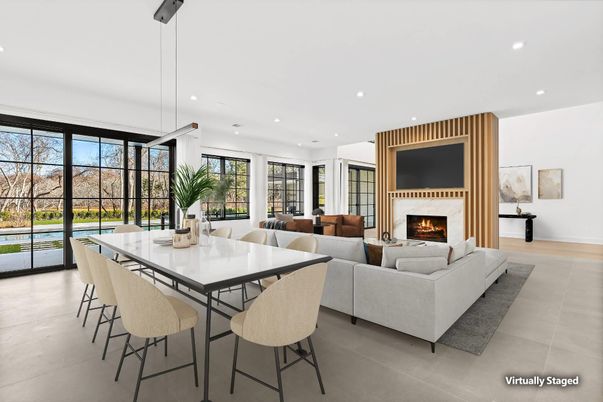 Dining room, Fireplace, Interior, Living room, Pendant Lights, Recessed Lighting