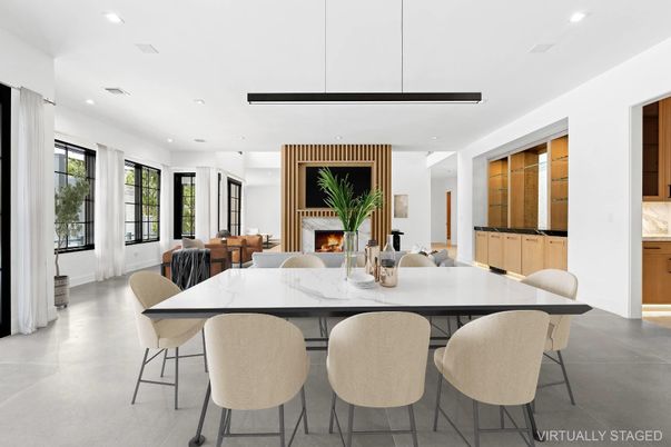 Dining room, Fireplace, Interior, Recessed Lighting