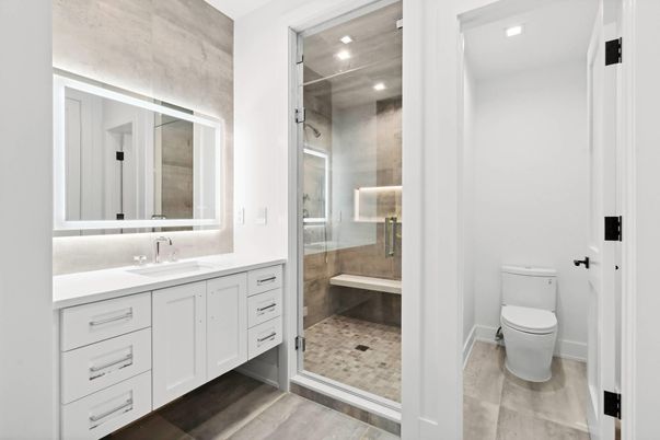Bathroom, Dual Sink Vanities, Glass Shower, Interior, Recessed Lighting
