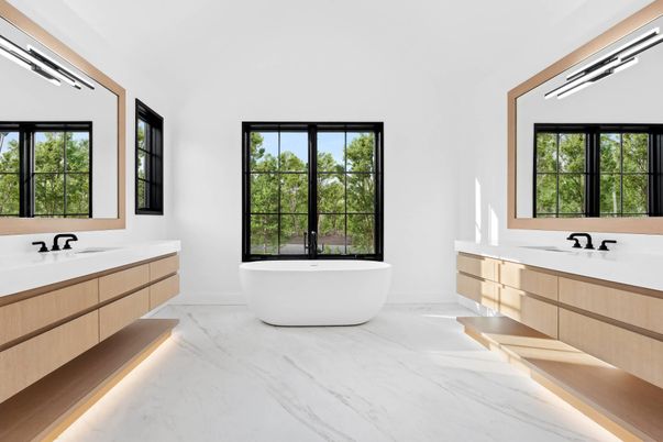 Bathroom, Dual Sink Vanities, Free Standing Baths, Interior, Marble