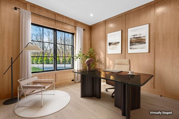 Home Office, Interior, Recessed Lighting, Wood Texture Flooring, Wooden Walls