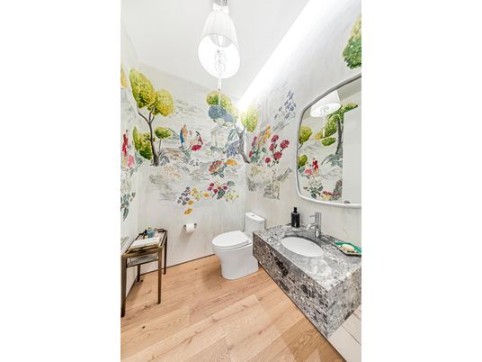 Bathroom, Interior, Pendant Lights, Wood Texture Flooring