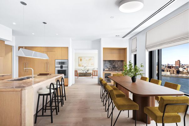 Dining room, Interior, Kitchen, Pendant Lights, Recessed Lighting, Stainless Steel Appliances, Water, Wood Texture Flooring