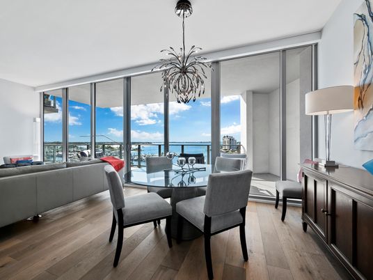 Dining room, Interior, Living room, Pendant Lights, Water, Wood Texture Flooring