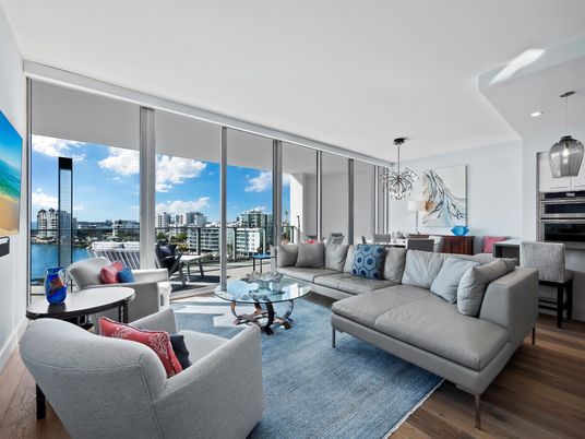 Interior, Living room, Pendant Lights, Recessed Lighting, Stainless Steel Appliances, Wood Texture Flooring