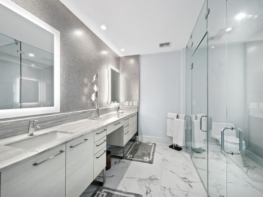Bathroom, Dual Sink Vanities, Glass Shower, Interior, Marble, Recessed Lighting